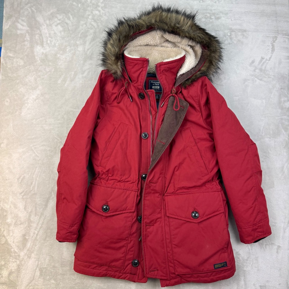 Abercrombie & Fitch Mens Ultra Down Parka Jacket Medium Red Faux Fur Hooded
